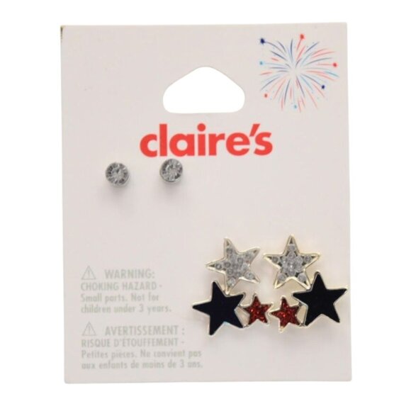 Claires Star and Rhinestone Stud Earrings Set Patriotic Red Blue Silver - Picture 1 of 2
